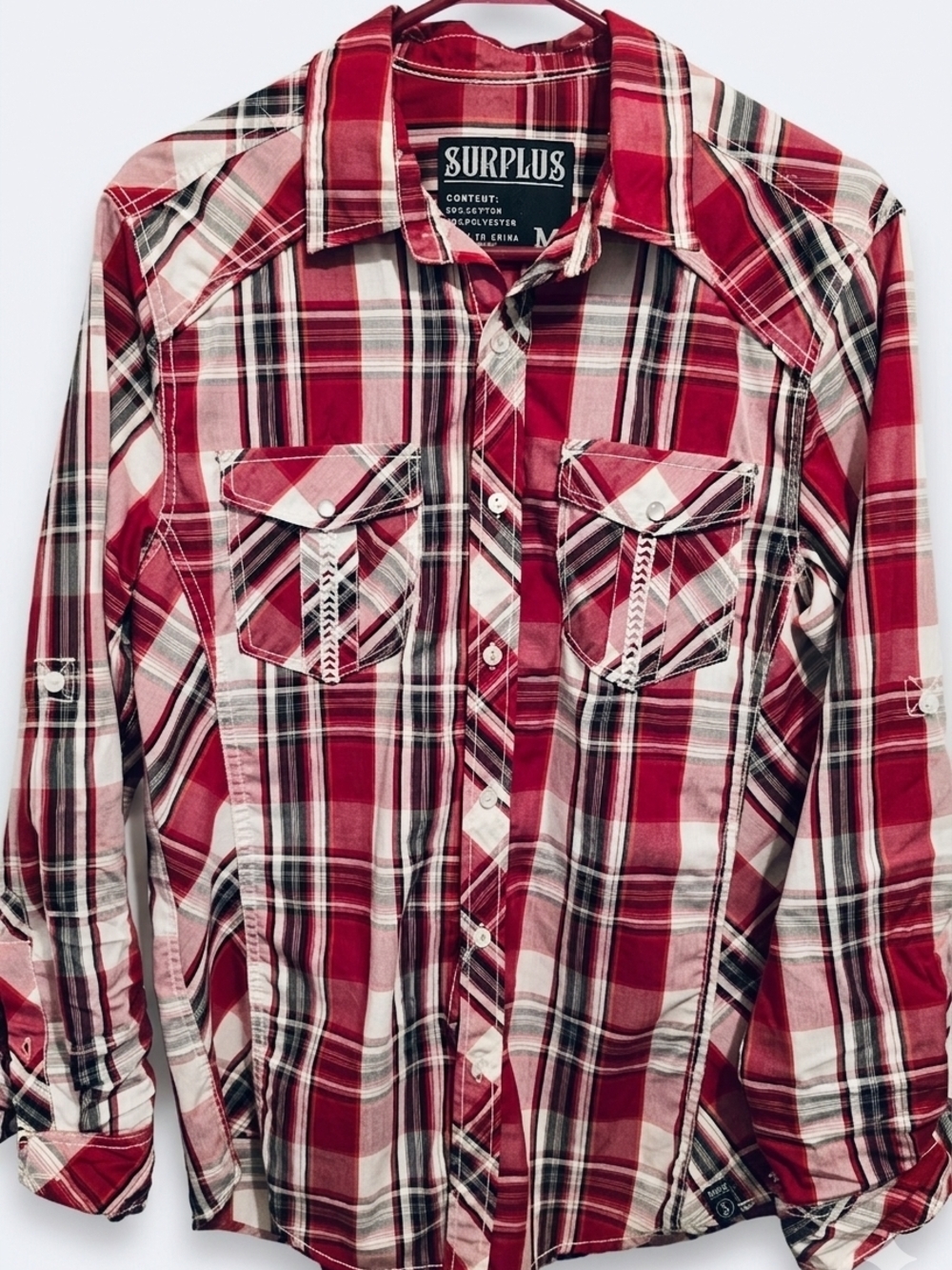 Surplus Men’s Red Plaid Casual Button-Down Shirt